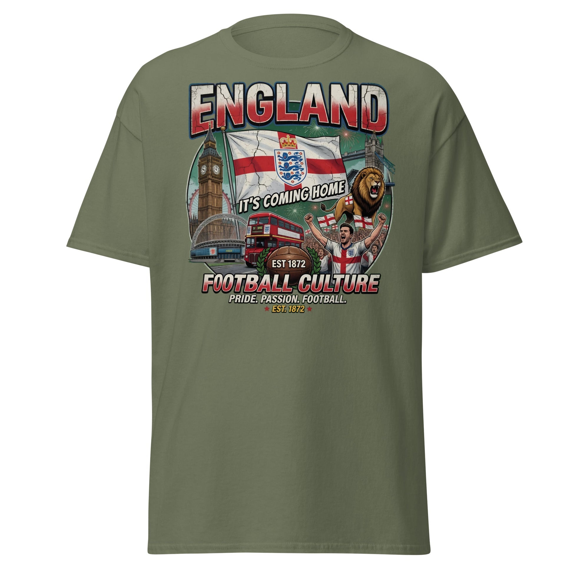 England It's Coming Home Football T-Shirt - Three Lions Pride - Military Green - T-Shirts Online