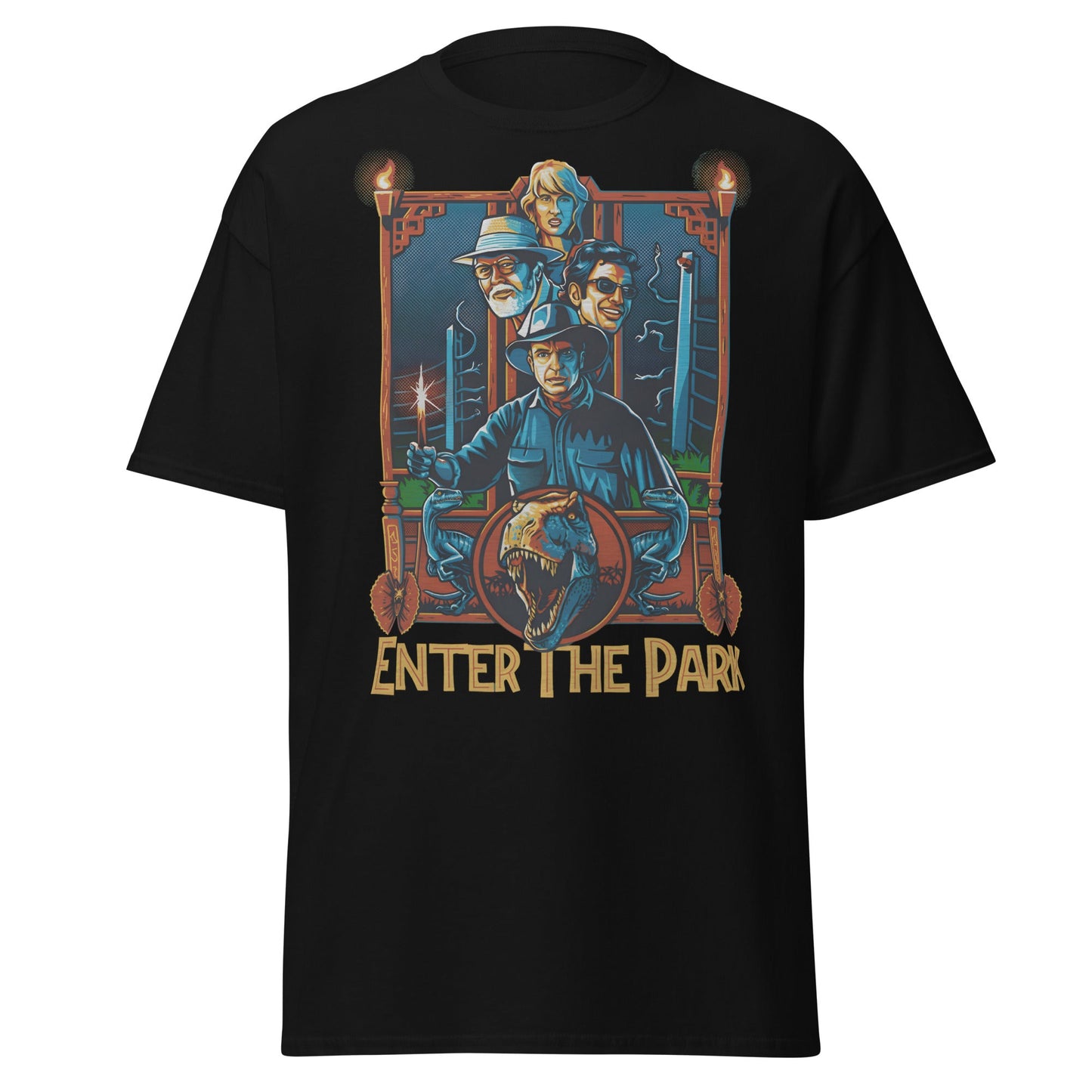 Enter The Park Retro Jurassic Movie Poster T-Shirt - Black - T-Shirts Online