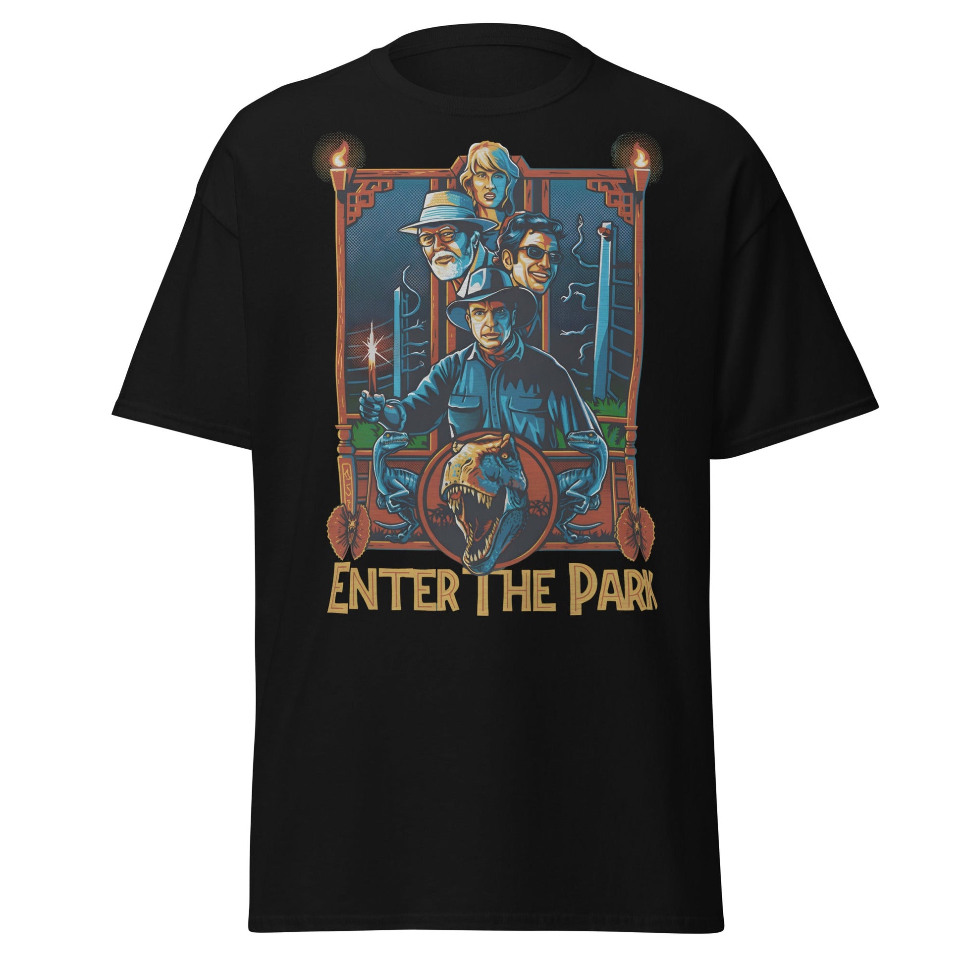 Enter The Park Retro Jurassic Movie Poster T-Shirt - Black - T-Shirts Online