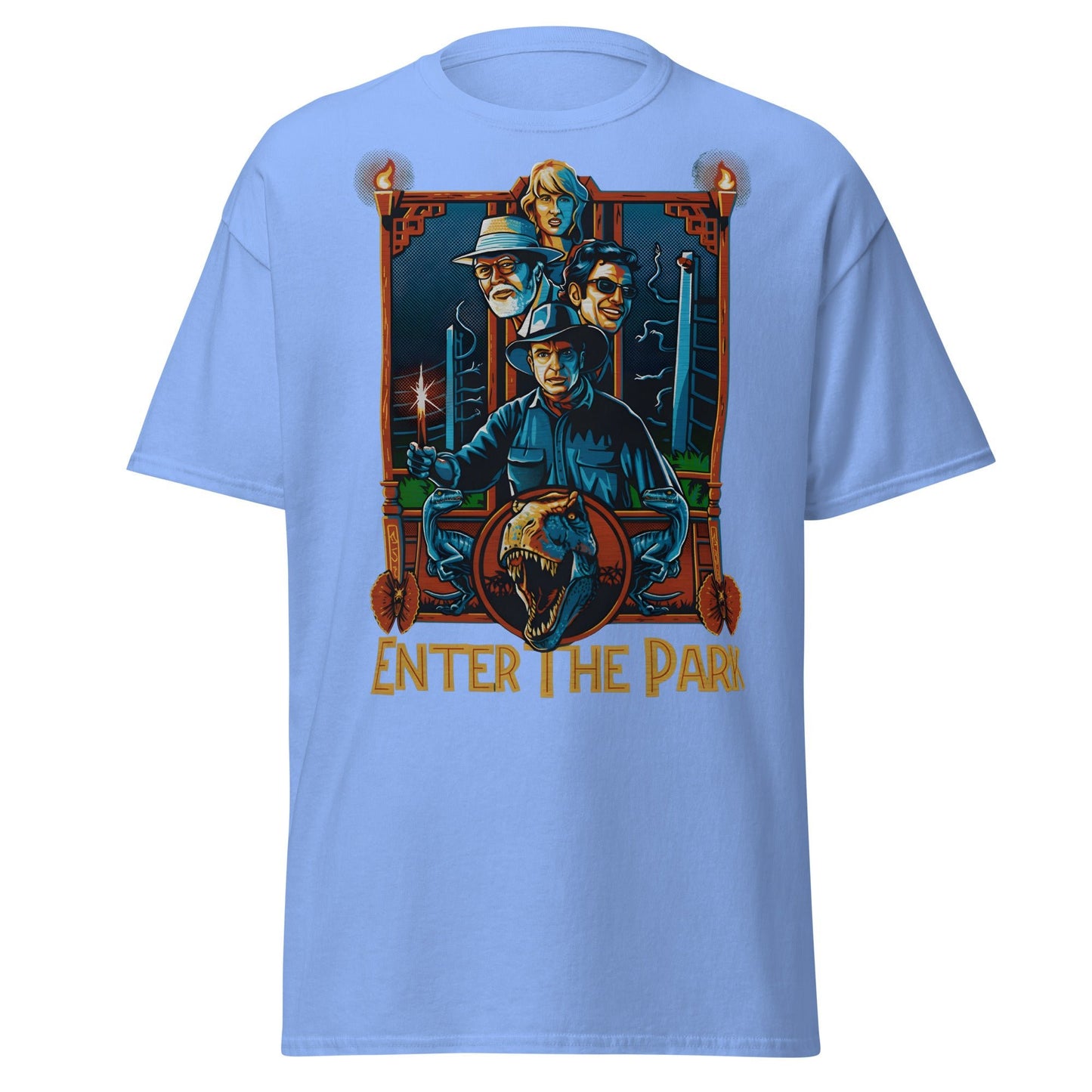 Enter The Park Retro Jurassic Movie Poster T-Shirt - Carolina Blue - T-Shirts Online