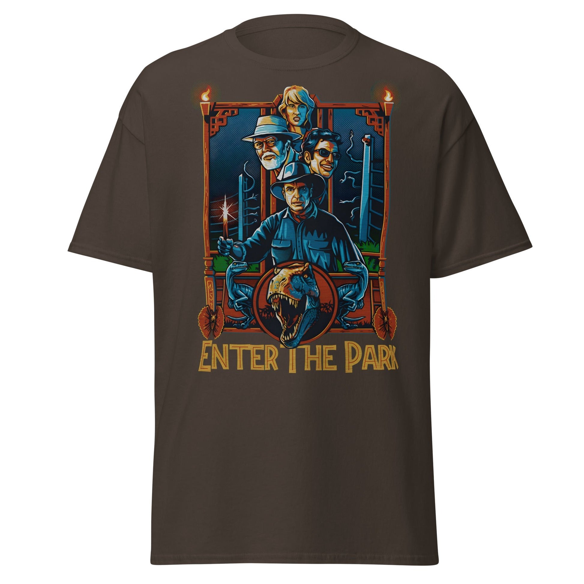 Enter The Park Retro Jurassic Movie Poster T-Shirt - Dark Chocolate - T-Shirts Online