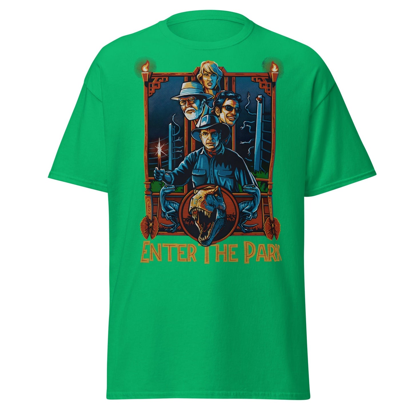 Enter The Park Retro Jurassic Movie Poster T-Shirt - Irish Green - T-Shirts Online