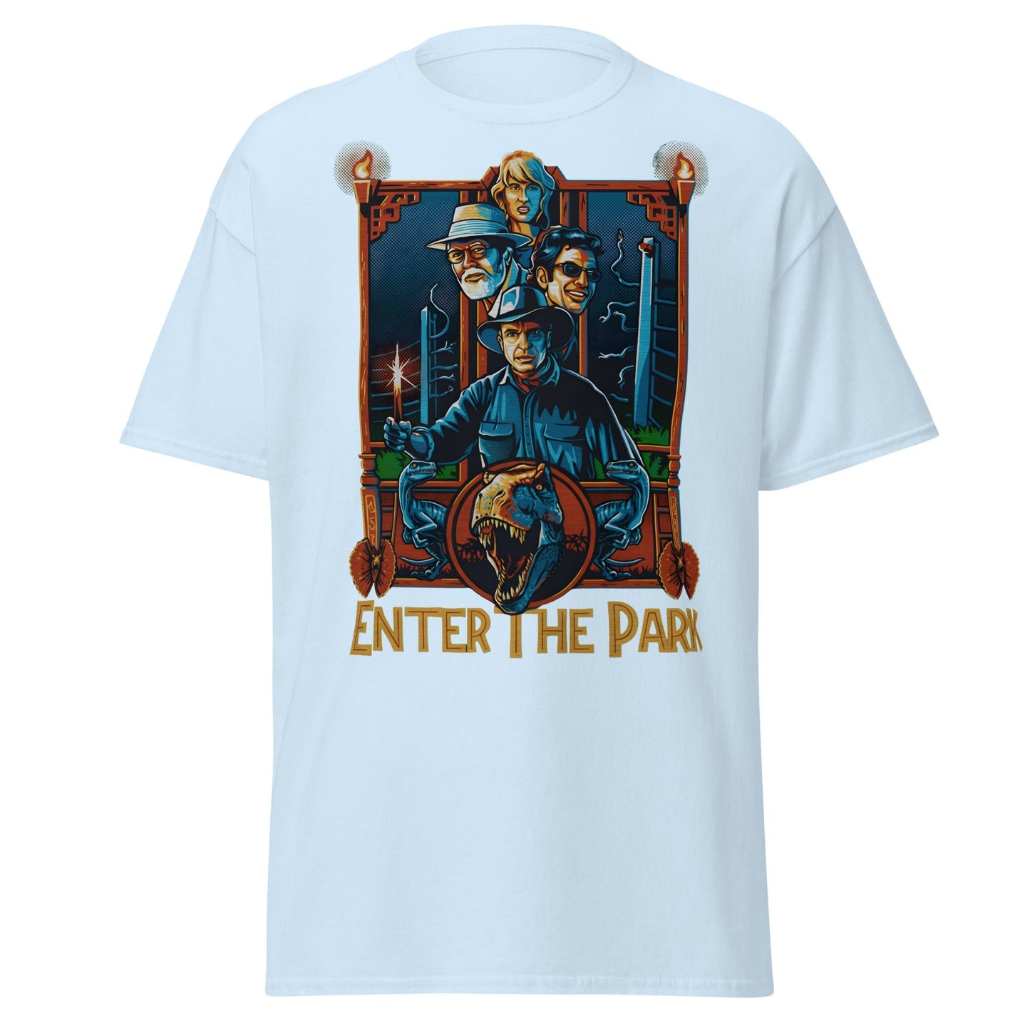 Enter The Park Retro Jurassic Movie Poster T-Shirt - Light Blue - T-Shirts Online