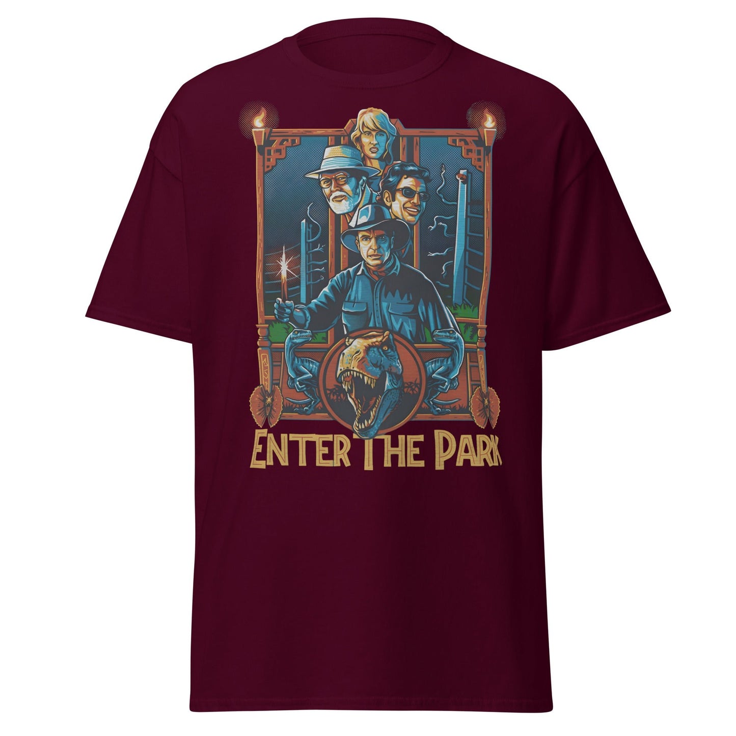 Enter The Park Retro Jurassic Movie Poster T-Shirt - Maroon - T-Shirts Online