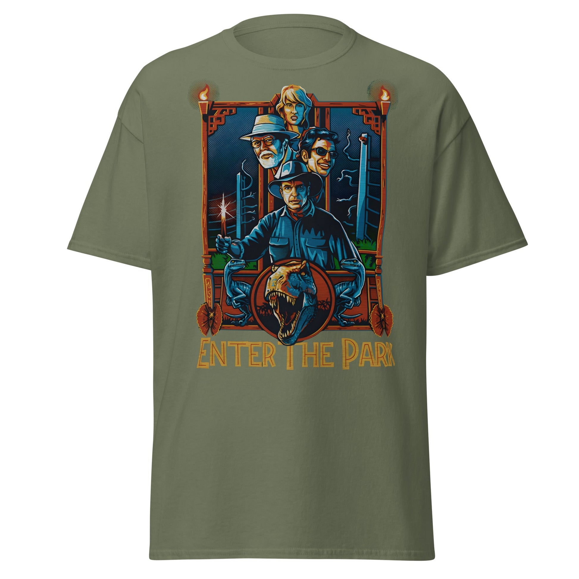 Enter The Park Retro Jurassic Movie Poster T-Shirt - Military Green - T-Shirts Online