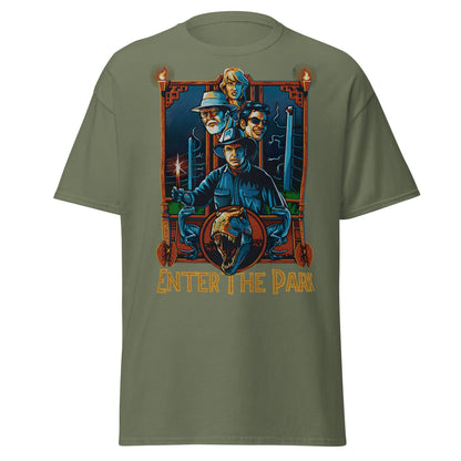Enter The Park Retro Jurassic Movie Poster T-Shirt - Military Green - T-Shirts Online