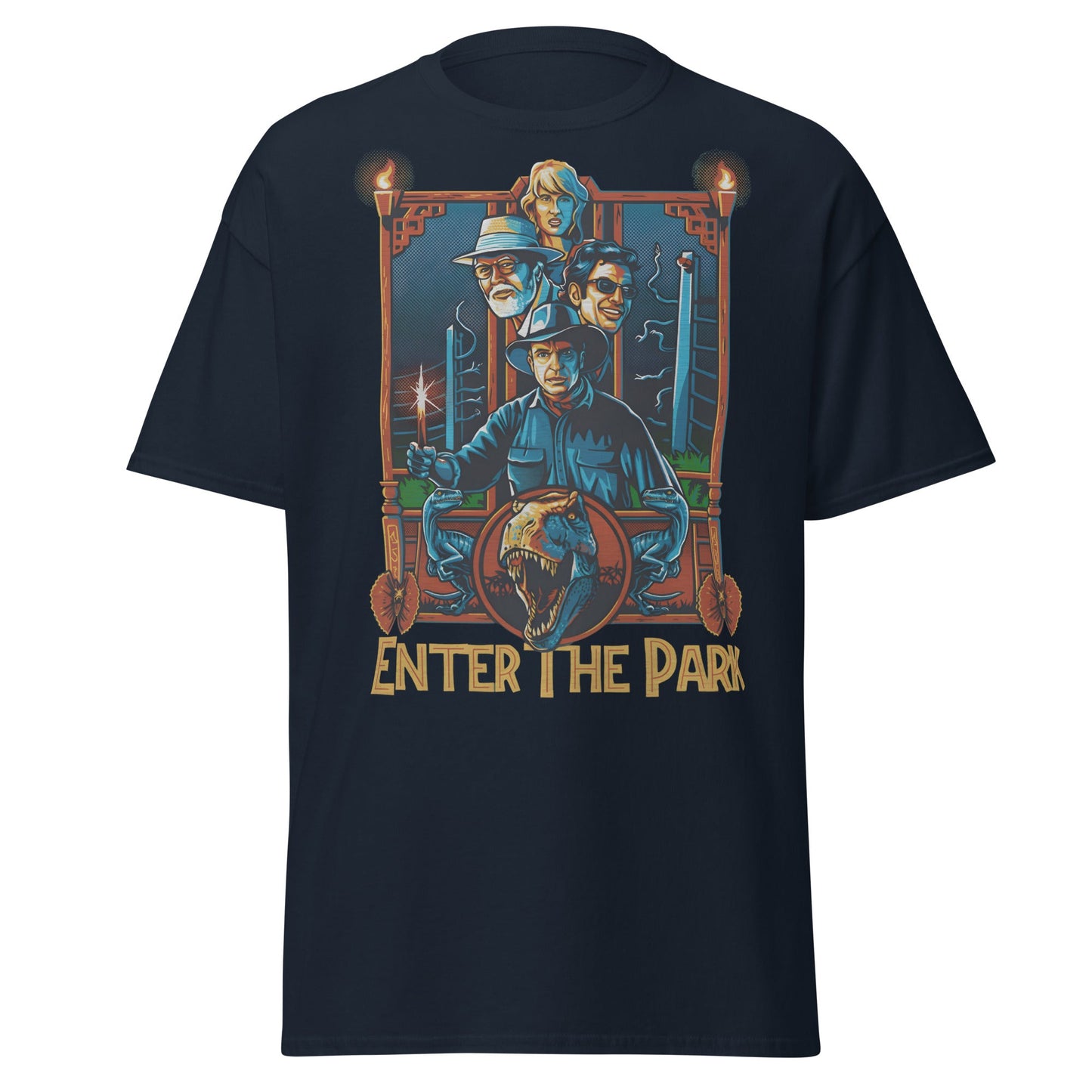 Enter The Park Retro Jurassic Movie Poster T-Shirt - Navy - T-Shirts Online