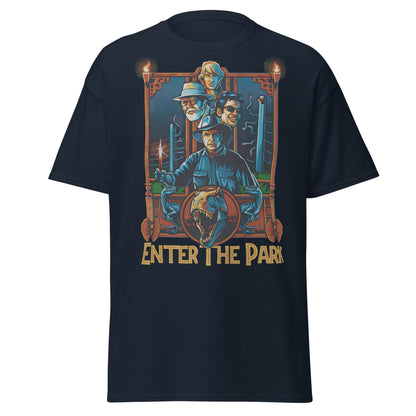 Enter The Park Retro Jurassic Movie Poster T-Shirt - Navy - T-Shirts Online