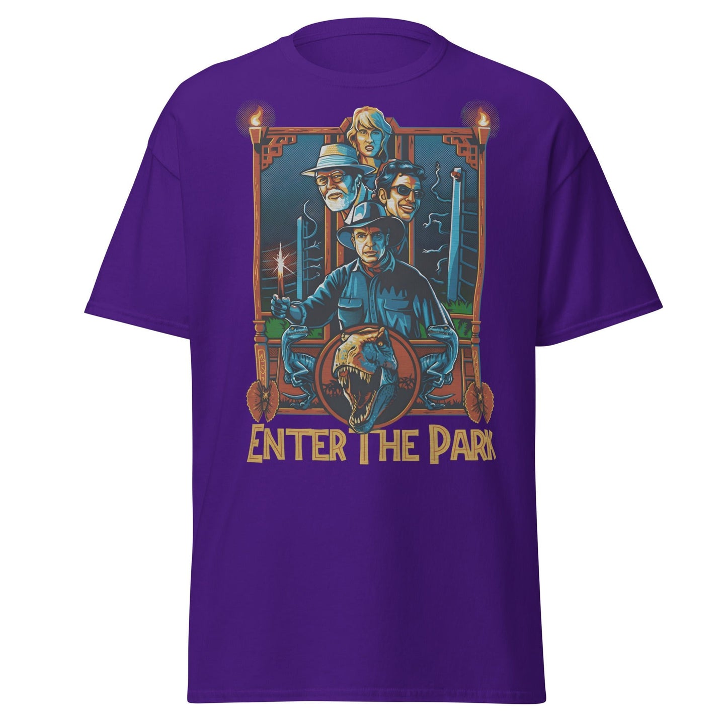 Enter The Park Retro Jurassic Movie Poster T-Shirt - Purple - T-Shirts Online