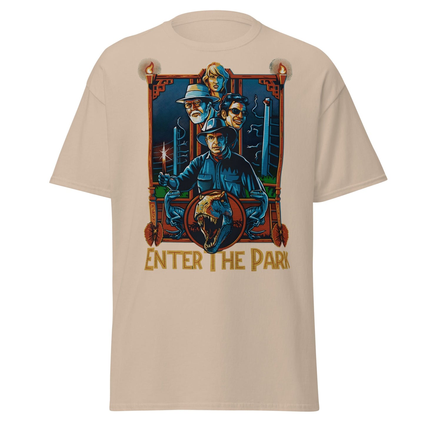 Enter The Park Retro Jurassic Movie Poster T-Shirt - Sand - T-Shirts Online