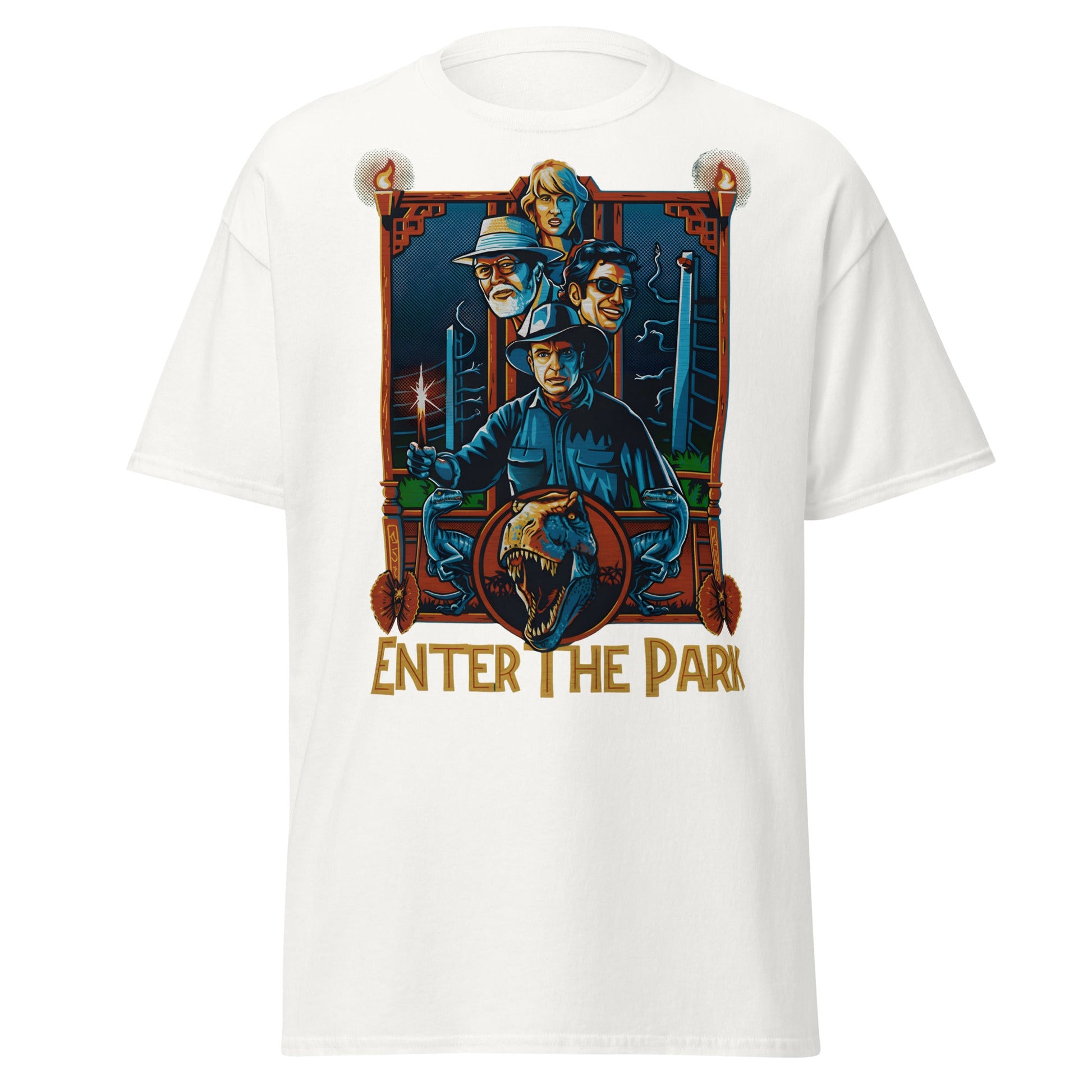 Enter The Park Retro Jurassic Movie Poster T-Shirt - White - T-Shirts Online