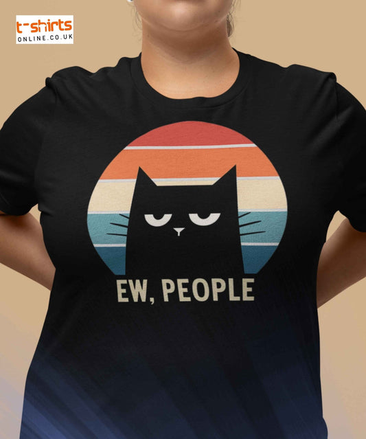 Grumpy black cat inside a retro sunset circle, staring with a judging expression.