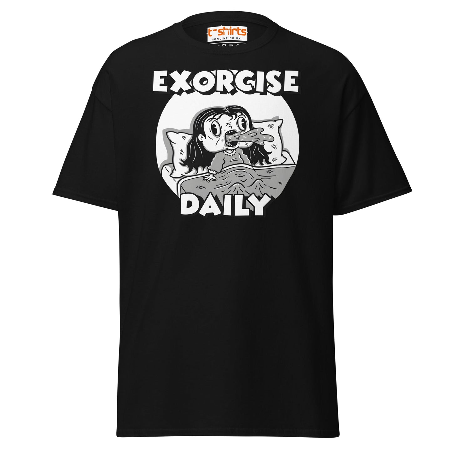 Exorcise Daily T-Shirt – Funny Horror Parody Tee - Black - T-Shirts Online