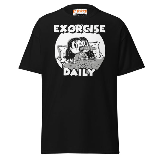 Exorcise Daily T-Shirt – Funny Horror Parody Tee - Black - T-Shirts Online