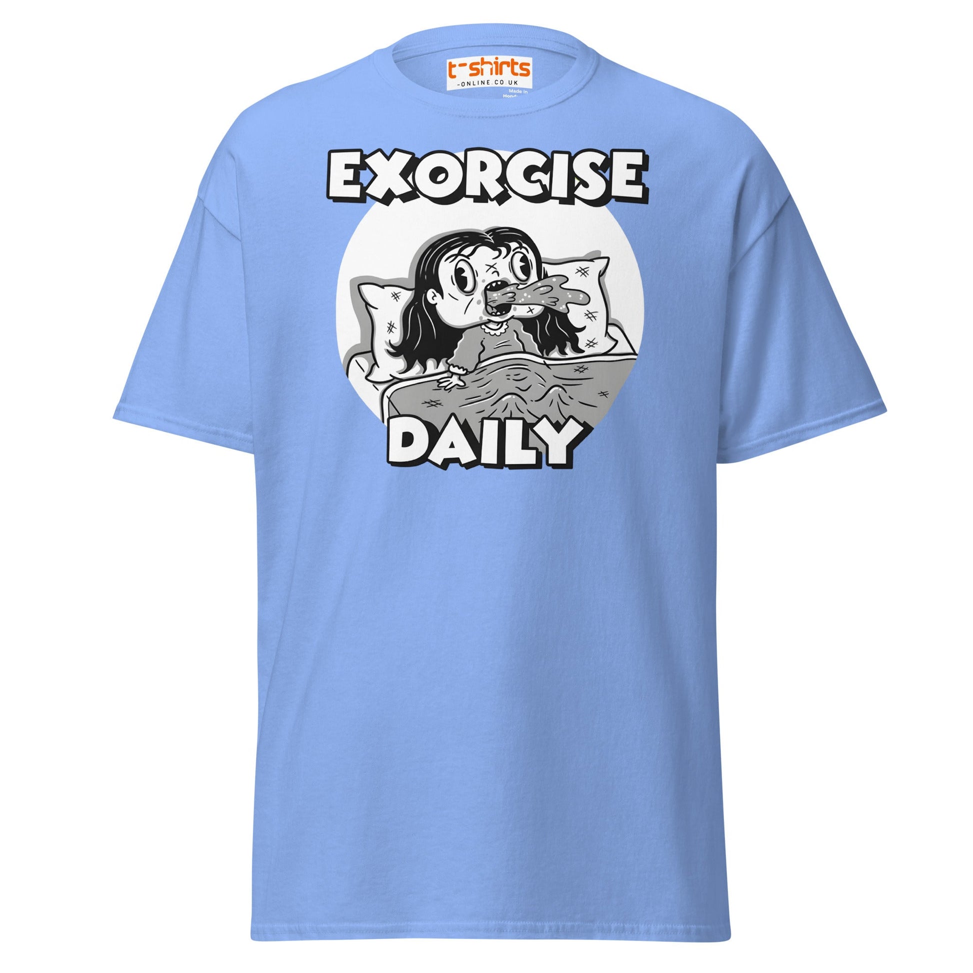 Exorcise Daily T-Shirt – Funny Horror Parody Tee - Carolina Blue - T-Shirts Online
