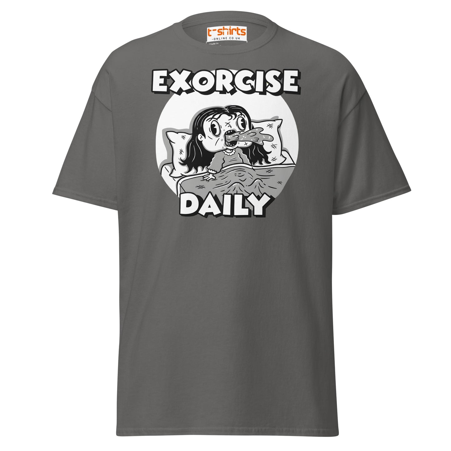 Exorcise Daily T-Shirt – Funny Horror Parody Tee - Charcoal - T-Shirts Online