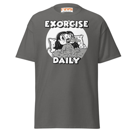 Exorcise Daily T-Shirt – Funny Horror Parody Tee - Charcoal - T-Shirts Online