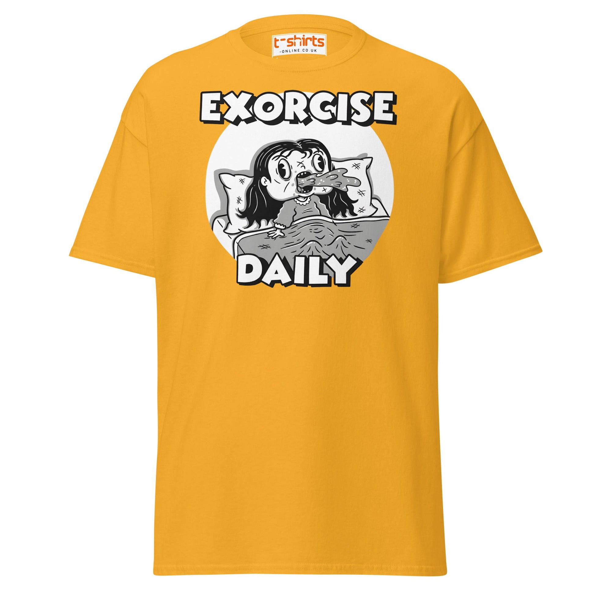 Exorcise Daily T-Shirt – Funny Horror Parody Tee - Gold - T-Shirts Online