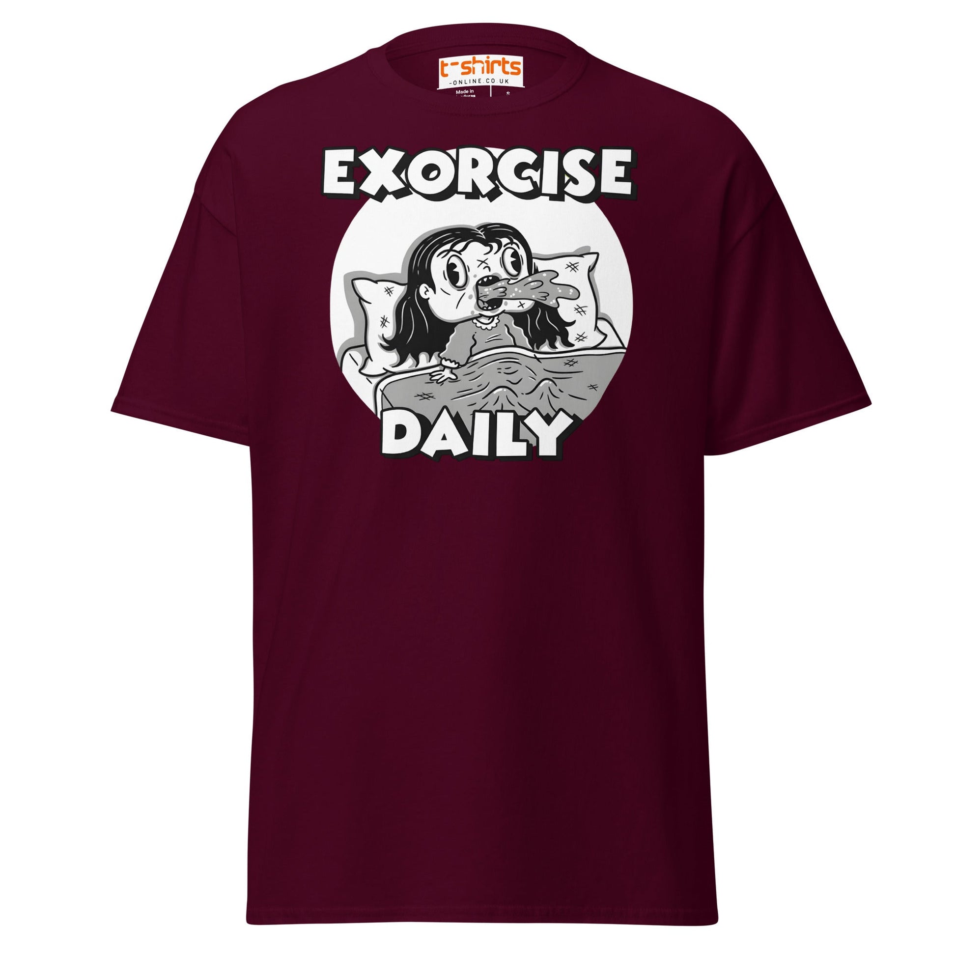 Exorcise Daily T-Shirt – Funny Horror Parody Tee - Maroon - T-Shirts Online
