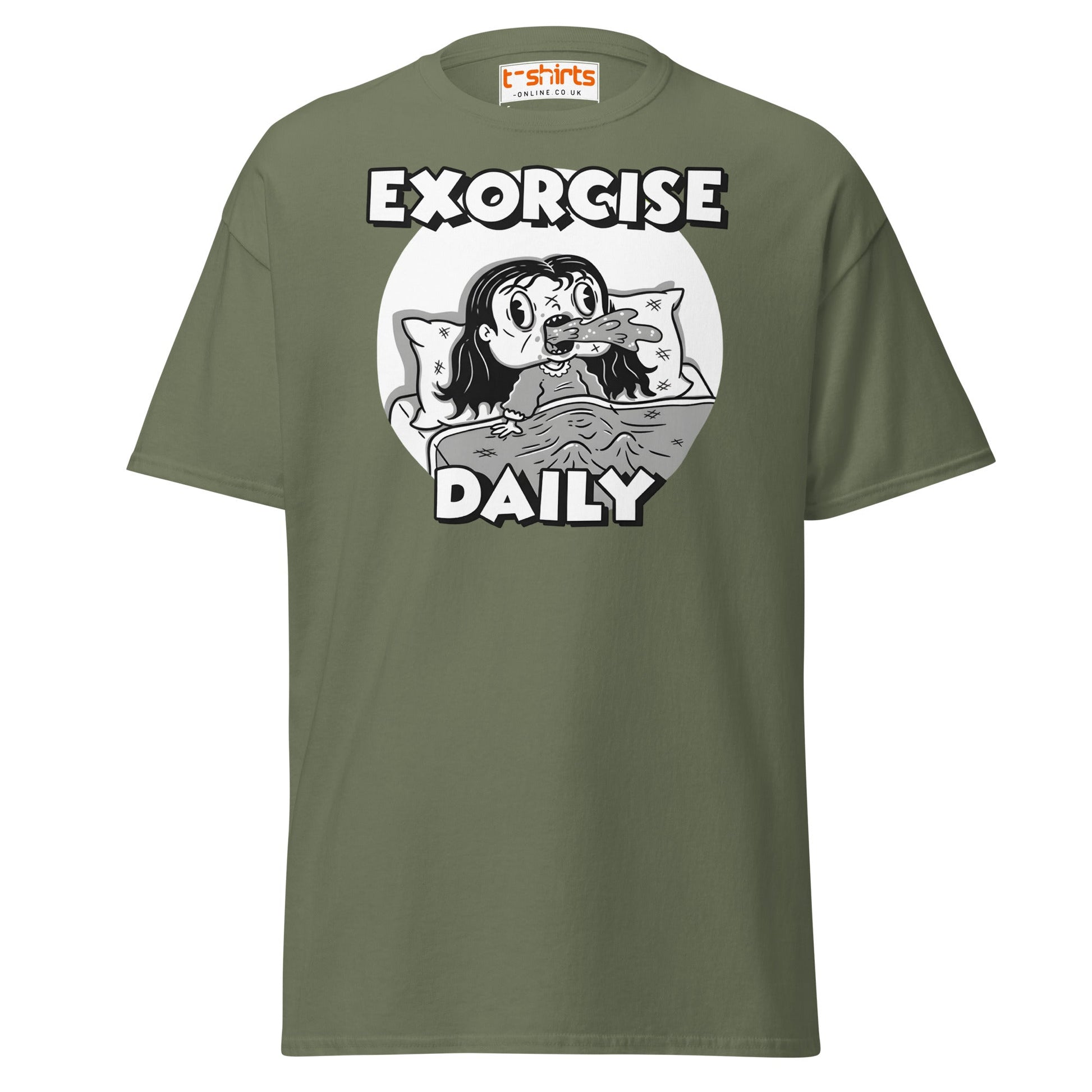 Exorcise Daily T-Shirt – Funny Horror Parody Tee - Military Green - T-Shirts Online
