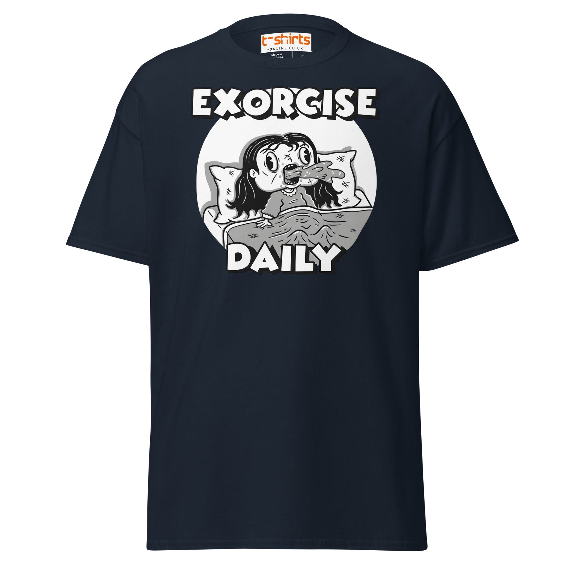 Exorcise Daily T-Shirt – Funny Horror Parody Tee - Navy - T-Shirts Online