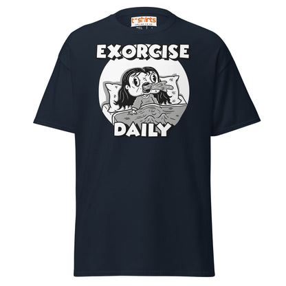 Exorcise Daily T-Shirt – Funny Horror Parody Tee - Navy - T-Shirts Online