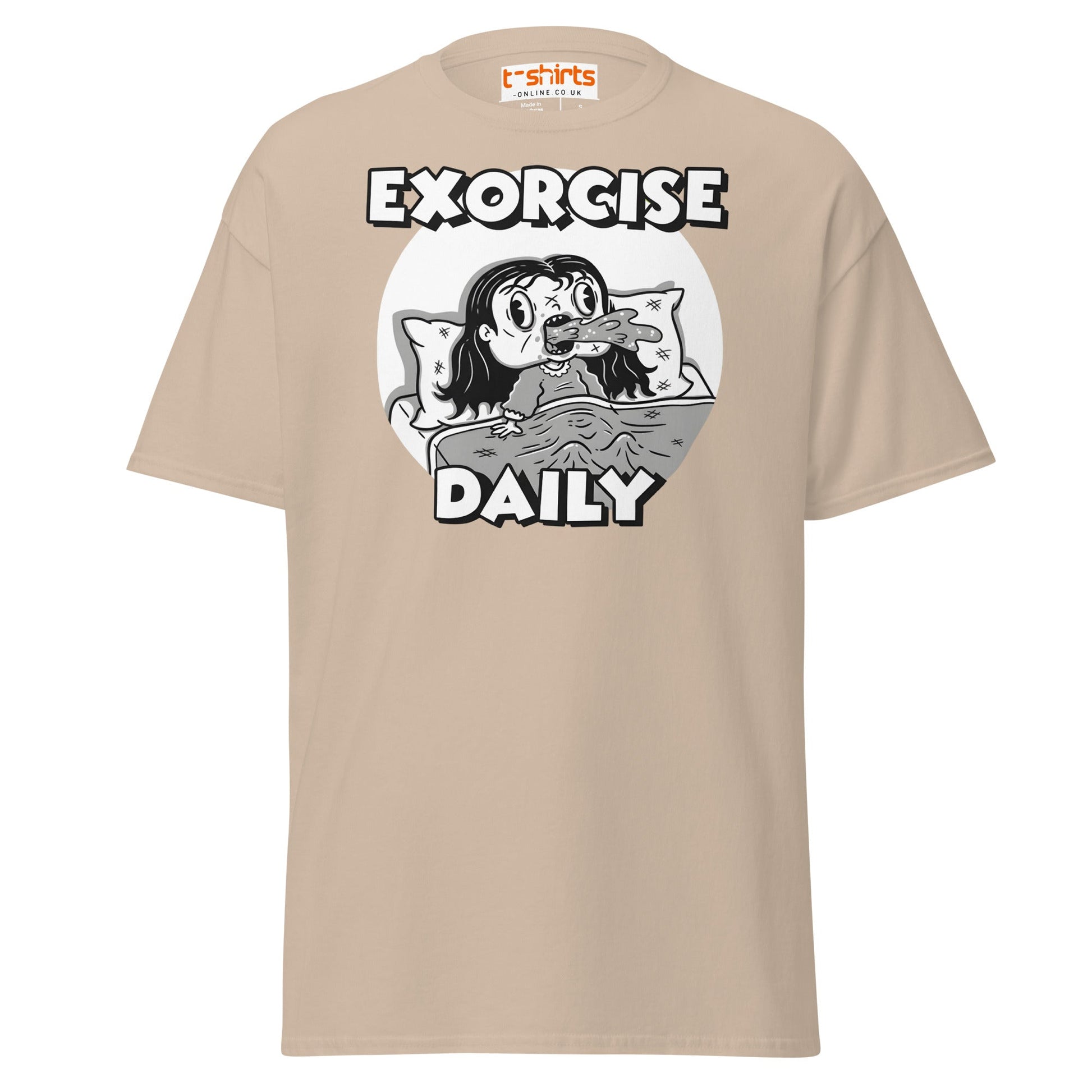 Exorcise Daily T-Shirt – Funny Horror Parody Tee - Sand - T-Shirts Online