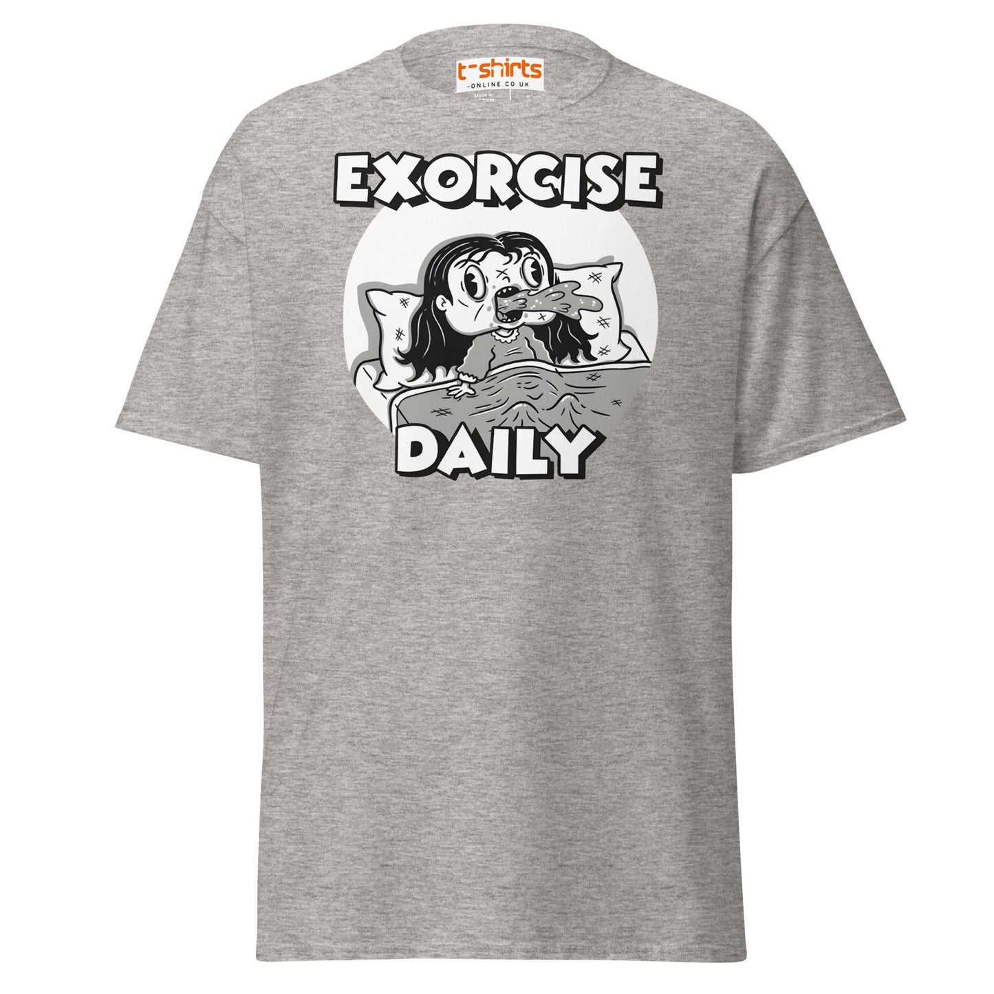 Exorcise Daily T-Shirt – Funny Horror Parody Tee - Sport Grey - T-Shirts Online