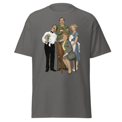 Fawlty Towers Cast Illustration T-Shirt - Retro Comedy Tee - Charcoal - T-Shirts Online