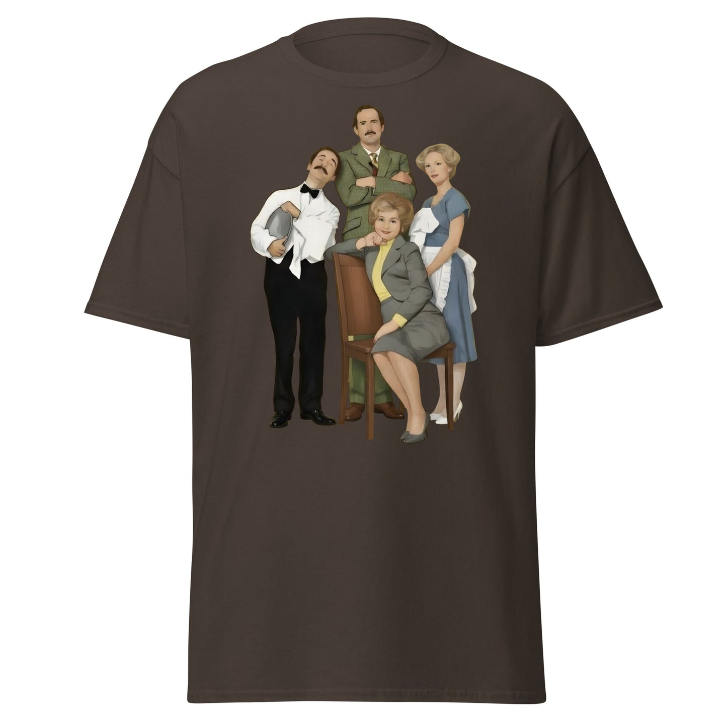 Fawlty Towers Cast Illustration T-Shirt - Retro Comedy Tee - Dark Chocolate - T-Shirts Online