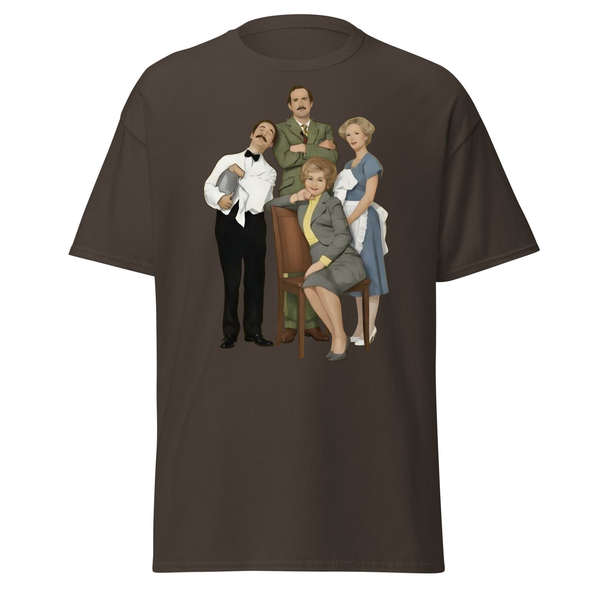 Fawlty Towers Cast Illustration T-Shirt - Retro Comedy Tee - Dark Chocolate - T-Shirts Online