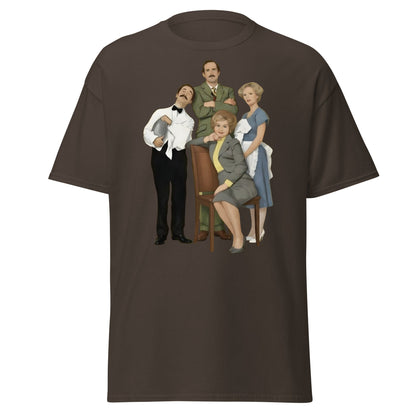 Fawlty Towers Cast Illustration T-Shirt - Retro Comedy Tee - Dark Chocolate - T-Shirts Online