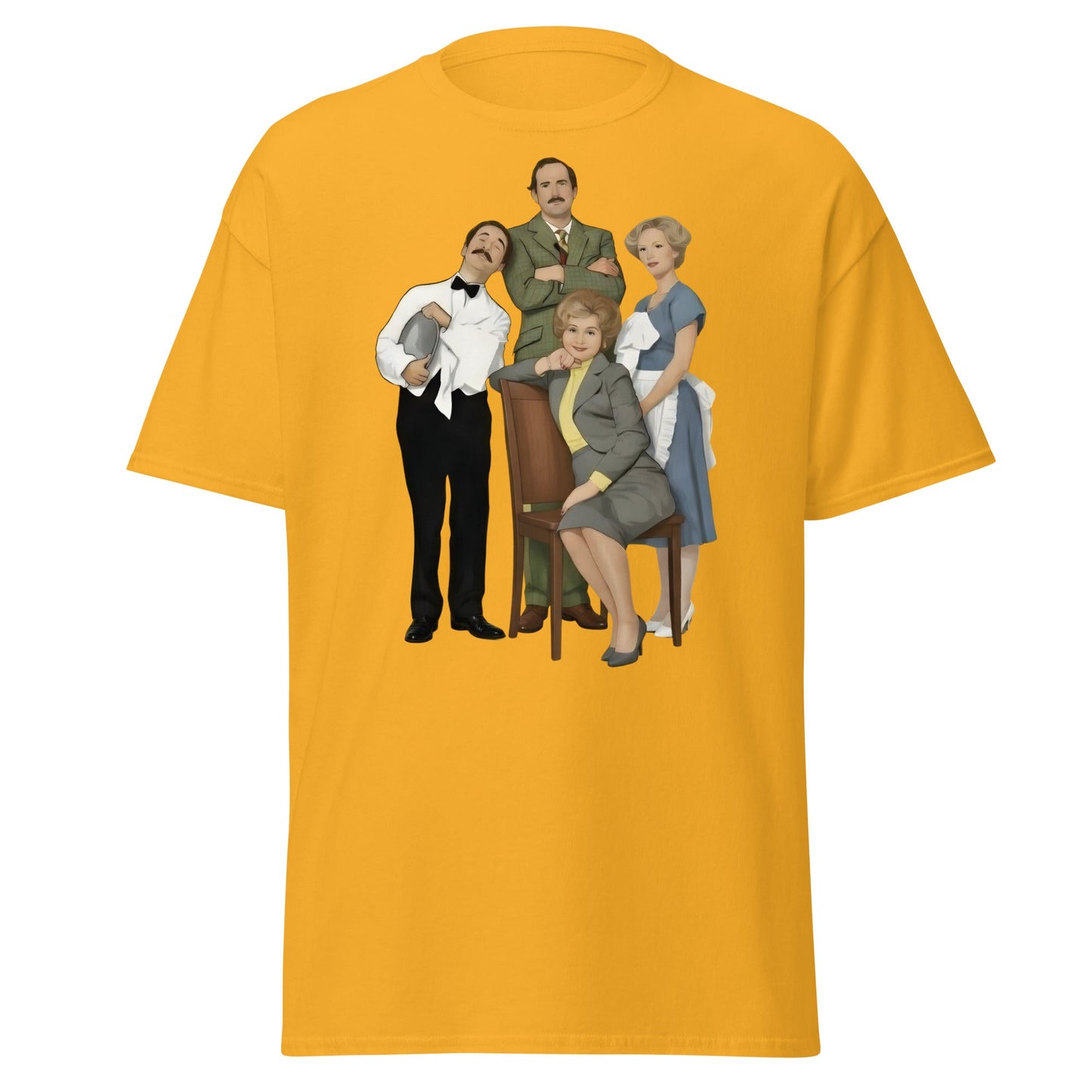 Fawlty Towers Cast Illustration T-Shirt - Retro Comedy Tee - Gold - T-Shirts Online