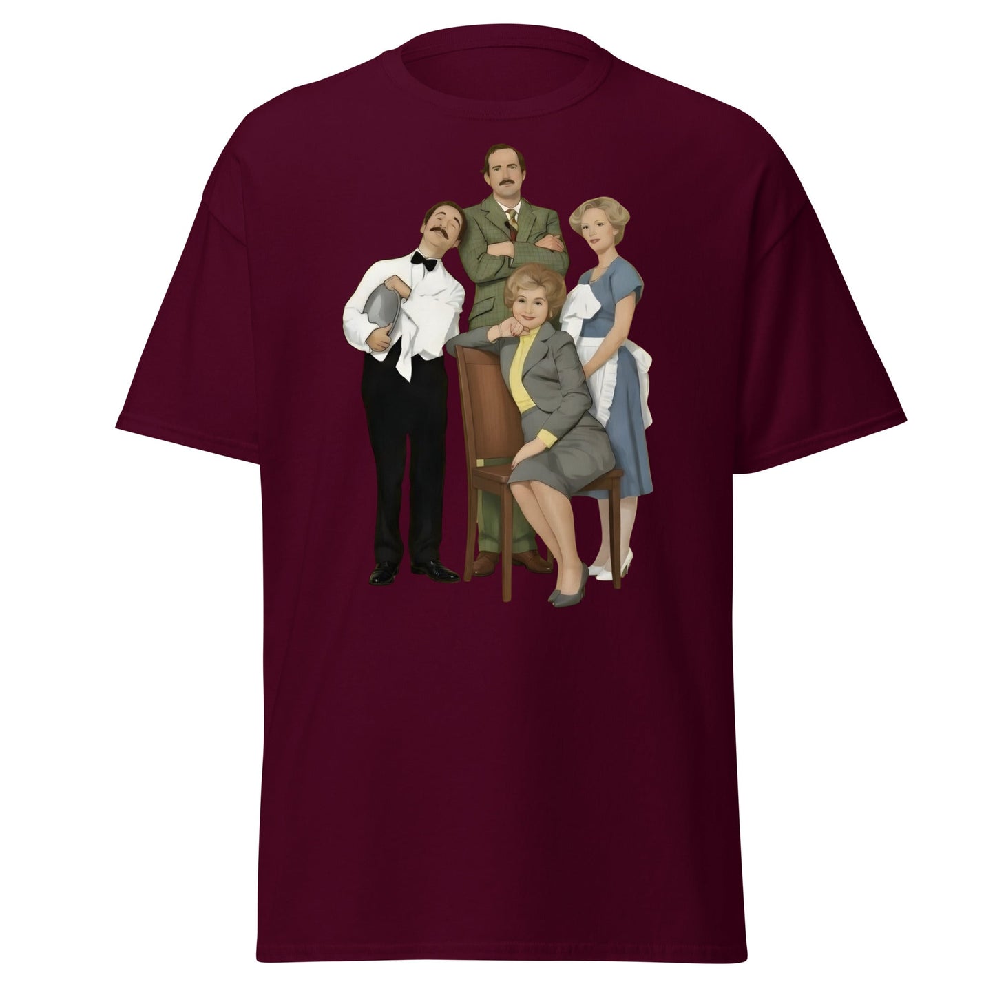 Fawlty Towers Cast Illustration T-Shirt - Retro Comedy Tee - Maroon - T-Shirts Online