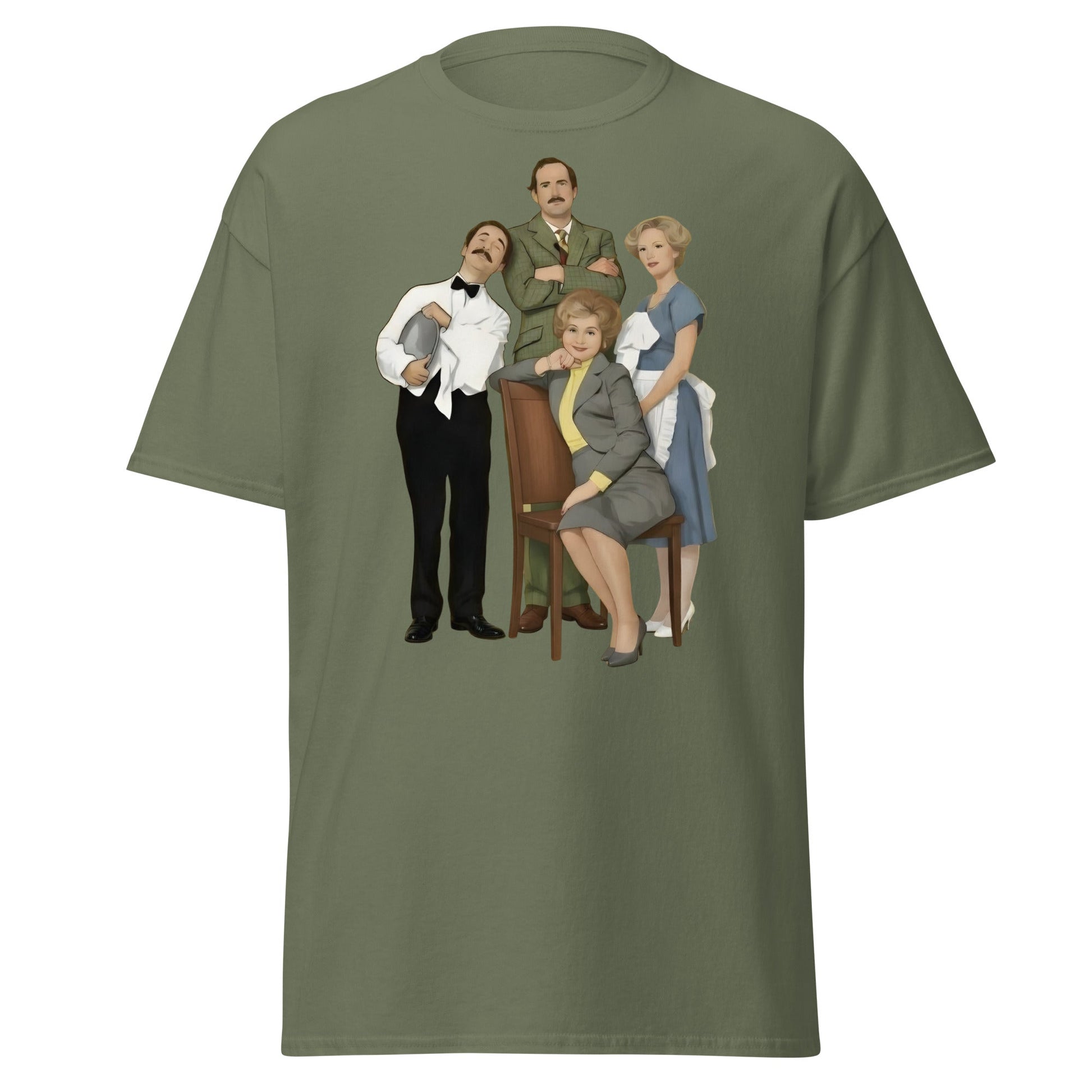 Fawlty Towers Cast Illustration T-Shirt - Retro Comedy Tee - Military Green - T-Shirts Online