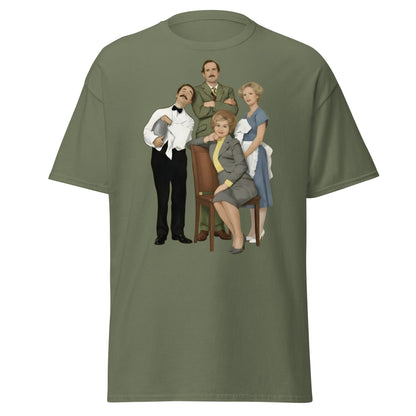 Fawlty Towers Cast Illustration T-Shirt - Retro Comedy Tee - Military Green - T-Shirts Online