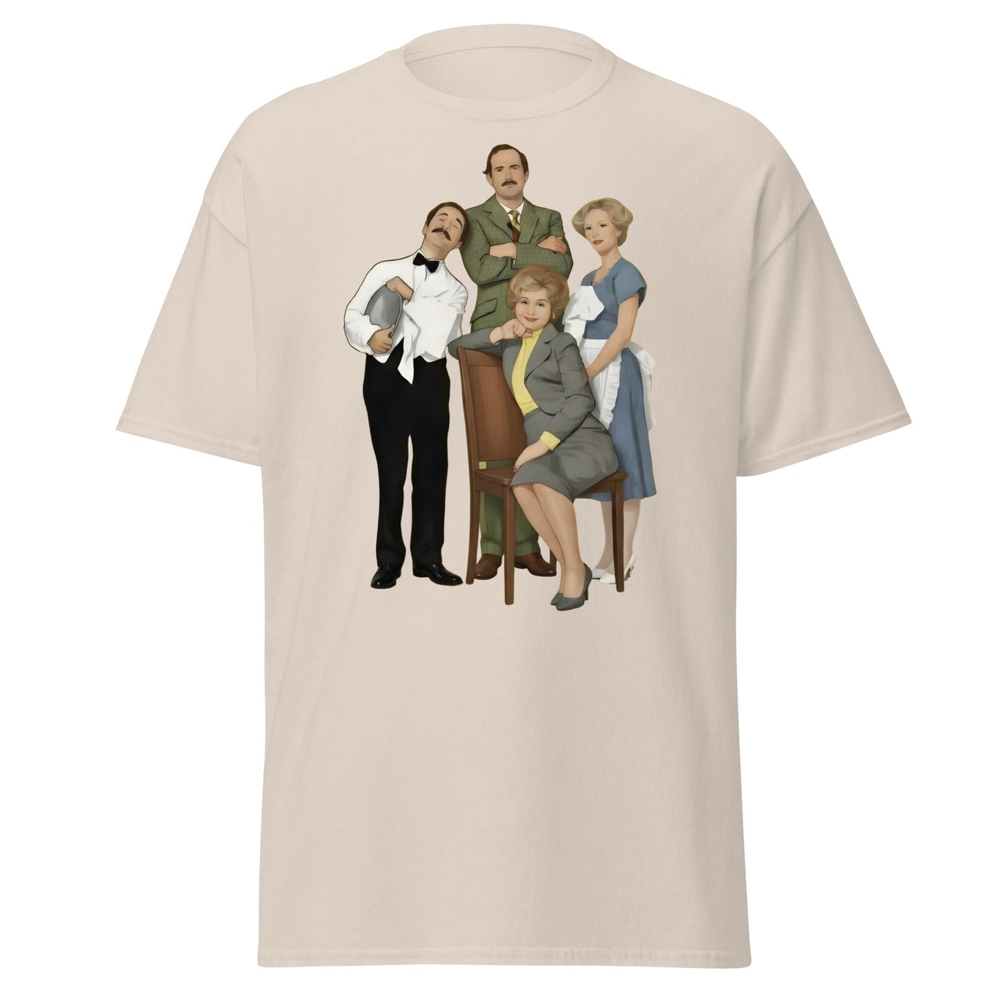 Fawlty Towers Cast Illustration T-Shirt - Retro Comedy Tee - Natural - T-Shirts Online