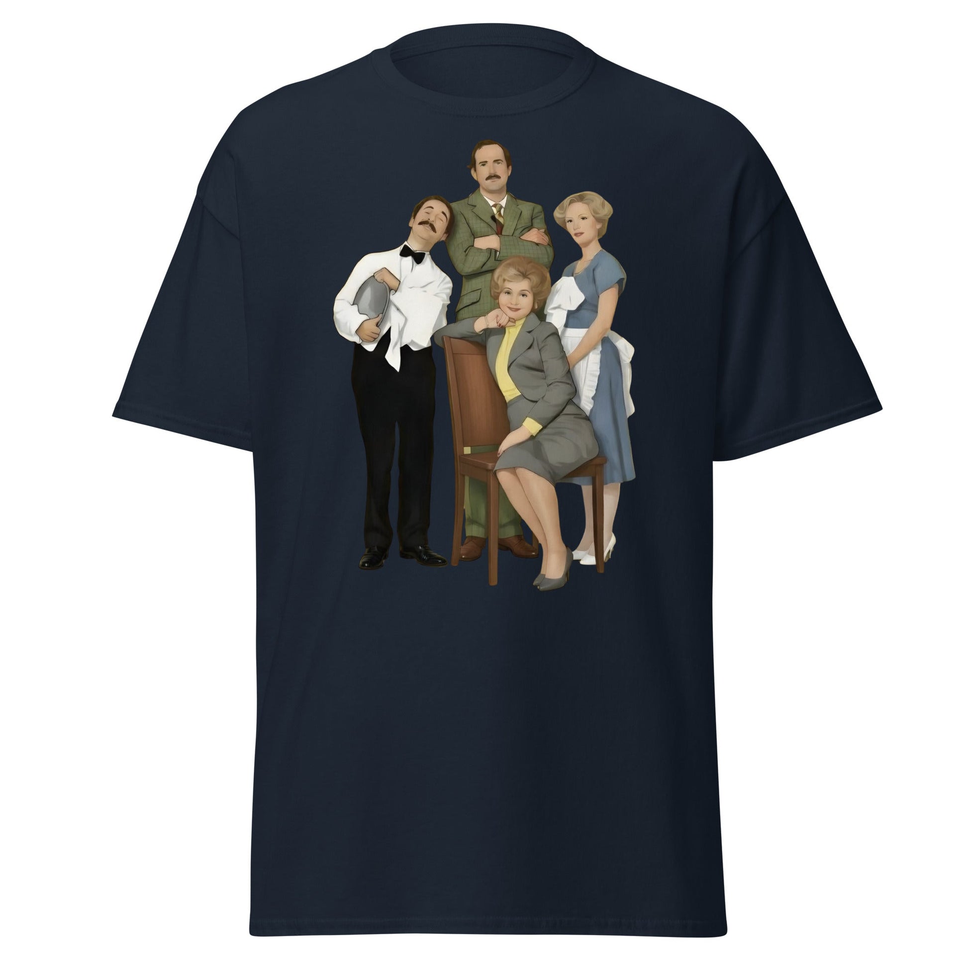 Fawlty Towers Cast Illustration T-Shirt - Retro Comedy Tee - Navy - T-Shirts Online