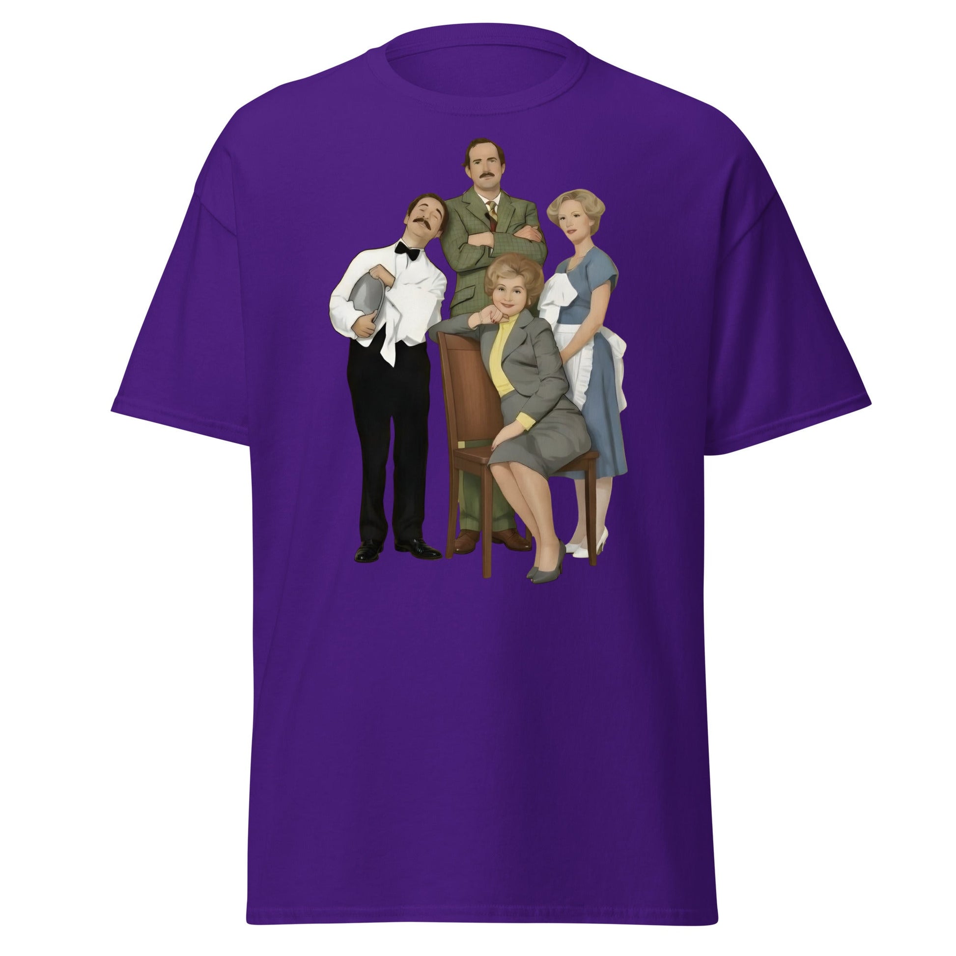 Fawlty Towers Cast Illustration T-Shirt - Retro Comedy Tee - Purple - T-Shirts Online