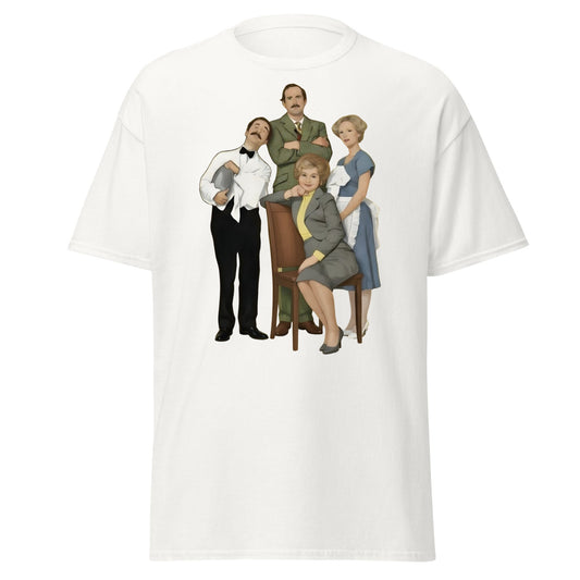 Fawlty Towers Cast Illustration T-Shirt - Retro Comedy Tee - White - T-Shirts Online