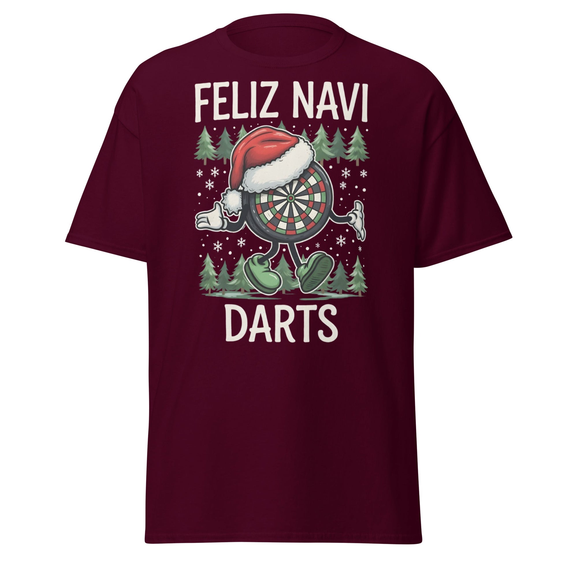 Feliz Navi Darts T-Shirt - Funny Christmas Darts Lover Tee - Maroon - T-Shirts Online