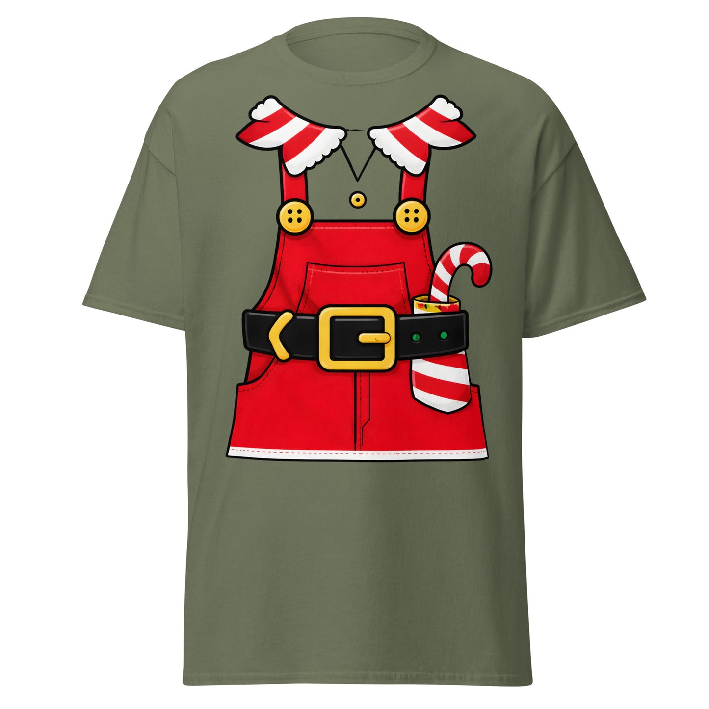 Festive Elf Overall T-Shirt - Christmas Costume Tee - Military Green - T-Shirts Online