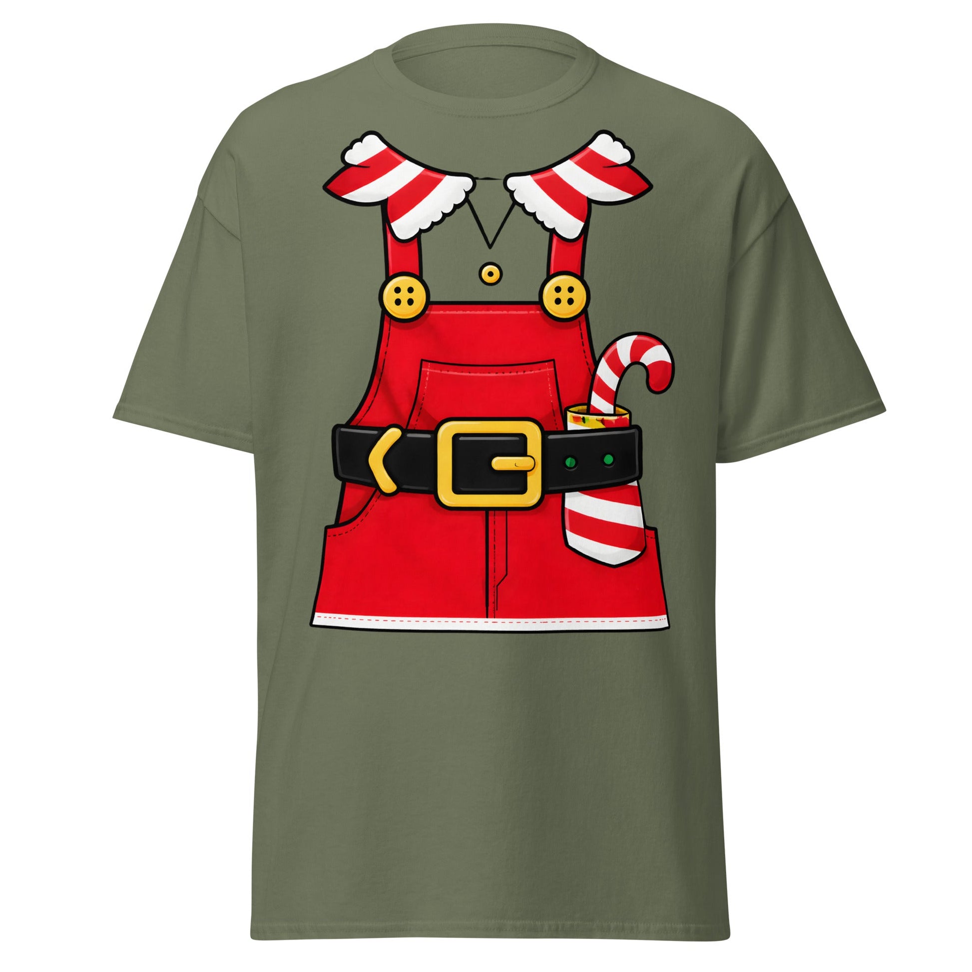 Festive Elf Overall T-Shirt - Christmas Costume Tee - Military Green - T-Shirts Online