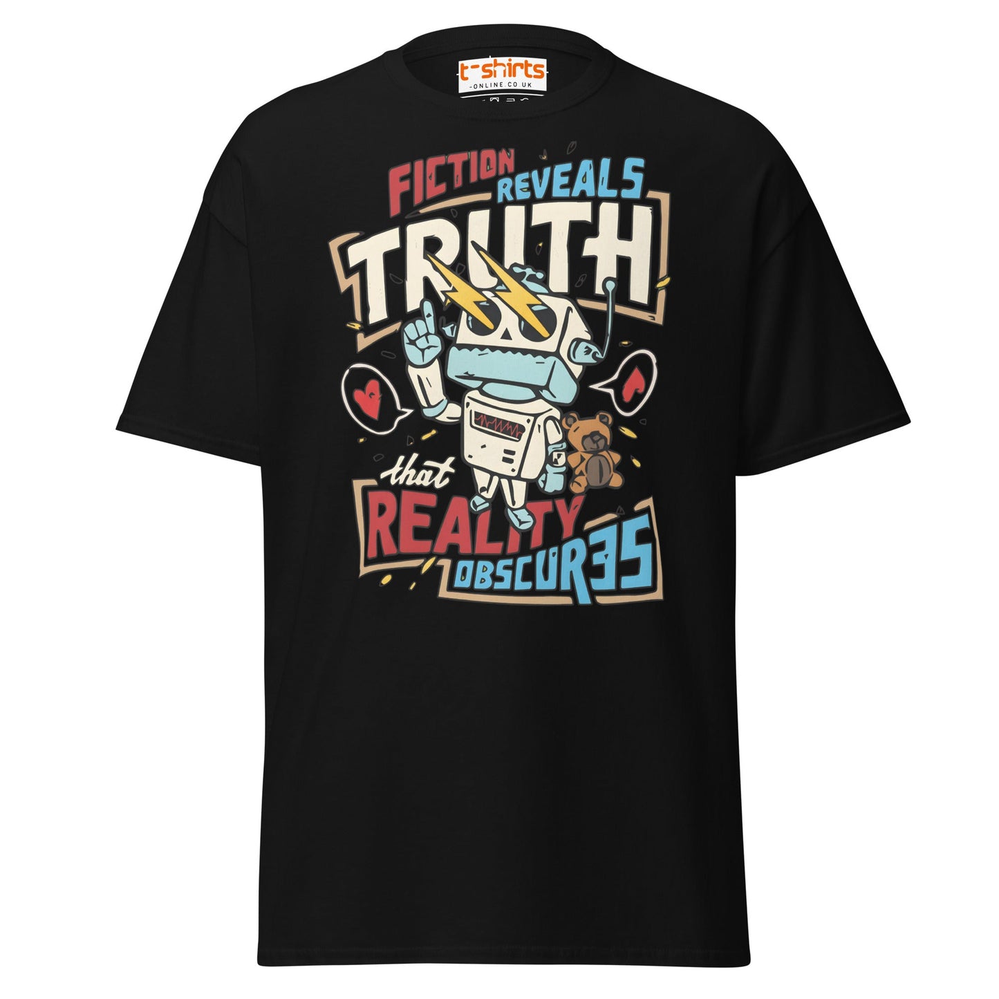 Fiction Reveals Truth T-Shirt - Sci - Fi Robot Tee - Black - T-Shirts Online