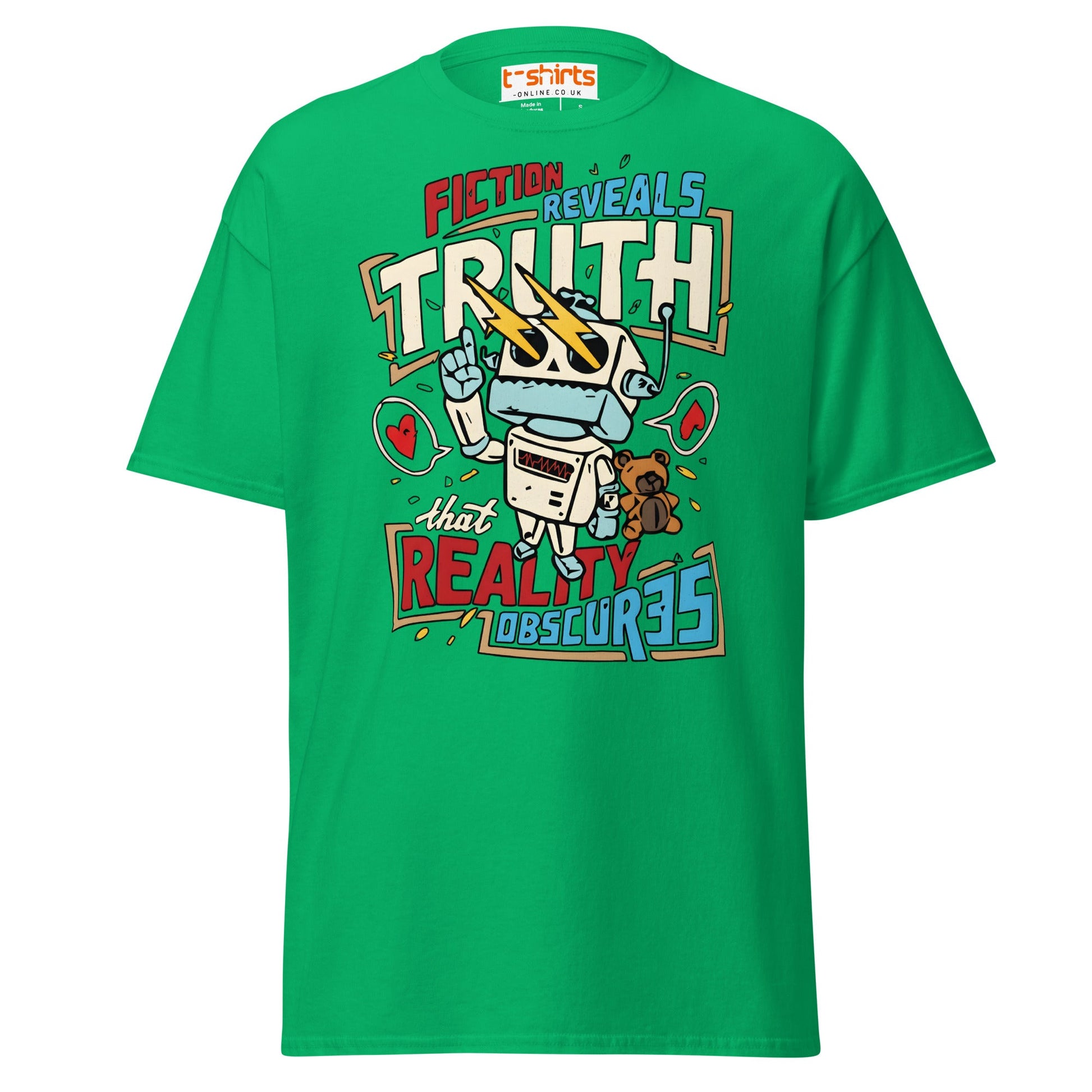Fiction Reveals Truth T-Shirt - Sci - Fi Robot Tee - Irish Green - T-Shirts Online