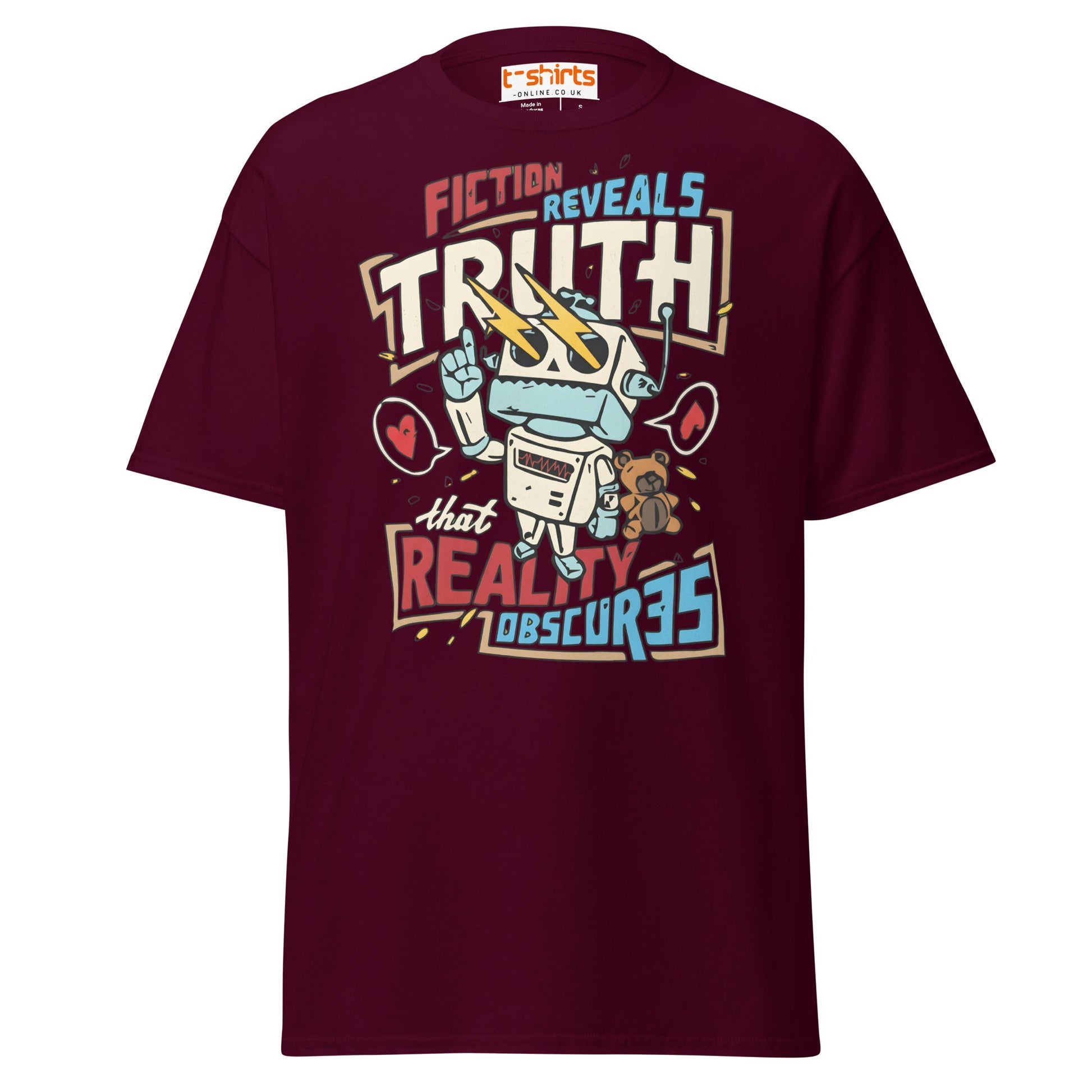Fiction Reveals Truth T-Shirt - Sci - Fi Robot Tee - Maroon - T-Shirts Online