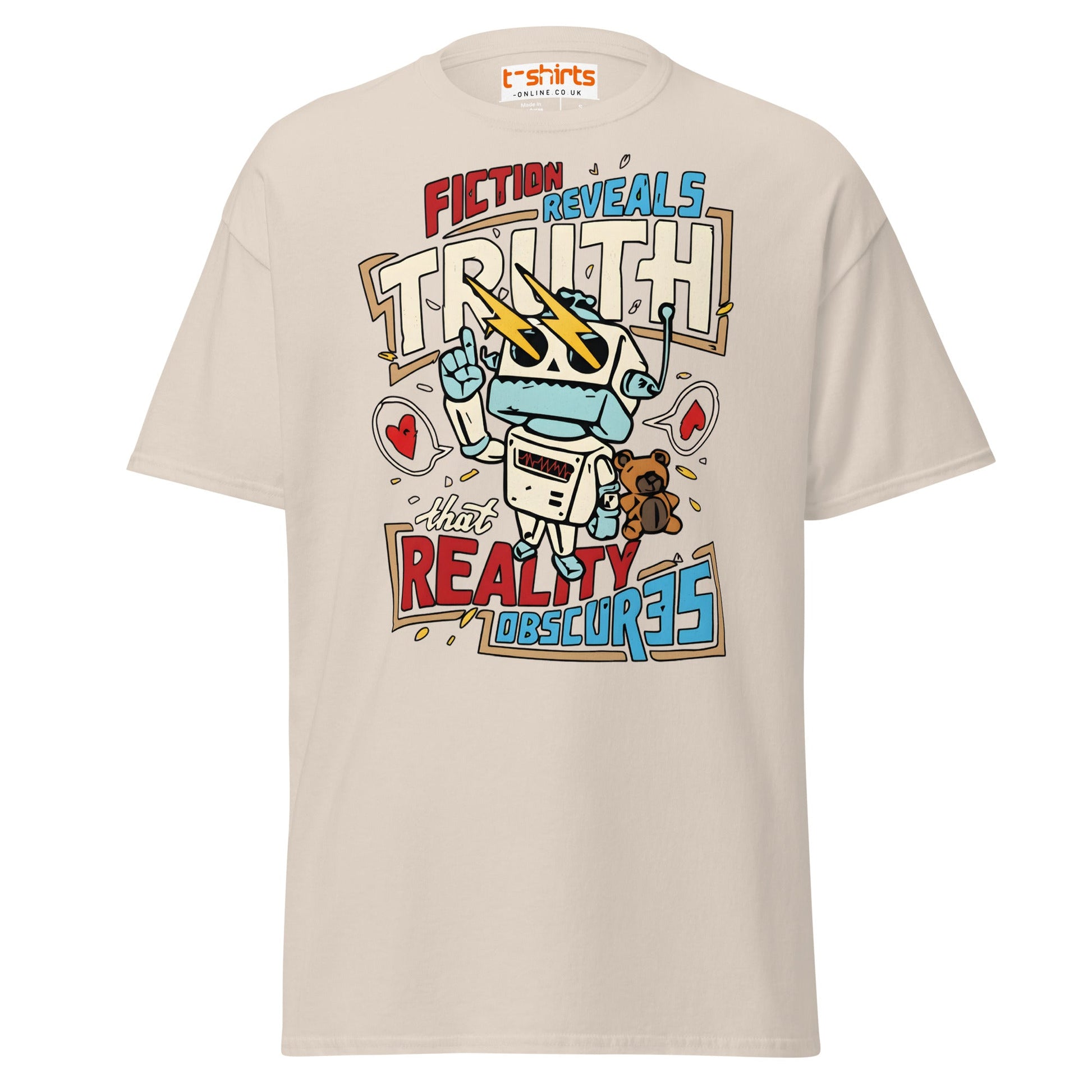 Fiction Reveals Truth T-Shirt - Sci - Fi Robot Tee - Natural - T-Shirts Online