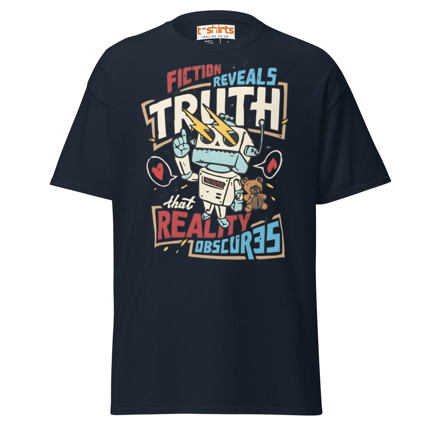 Fiction Reveals Truth T-Shirt - Sci - Fi Robot Tee - Navy - T-Shirts Online
