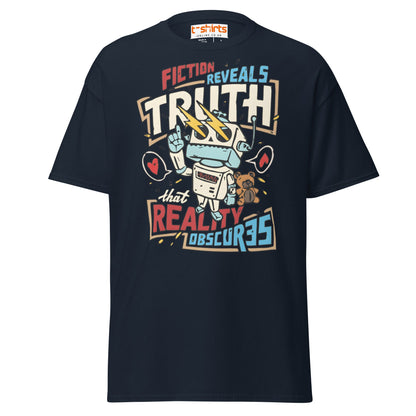 Fiction Reveals Truth T-Shirt - Sci - Fi Robot Tee - Navy - T-Shirts Online