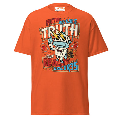 Fiction Reveals Truth T-Shirt - Sci - Fi Robot Tee - Orange - T-Shirts Online